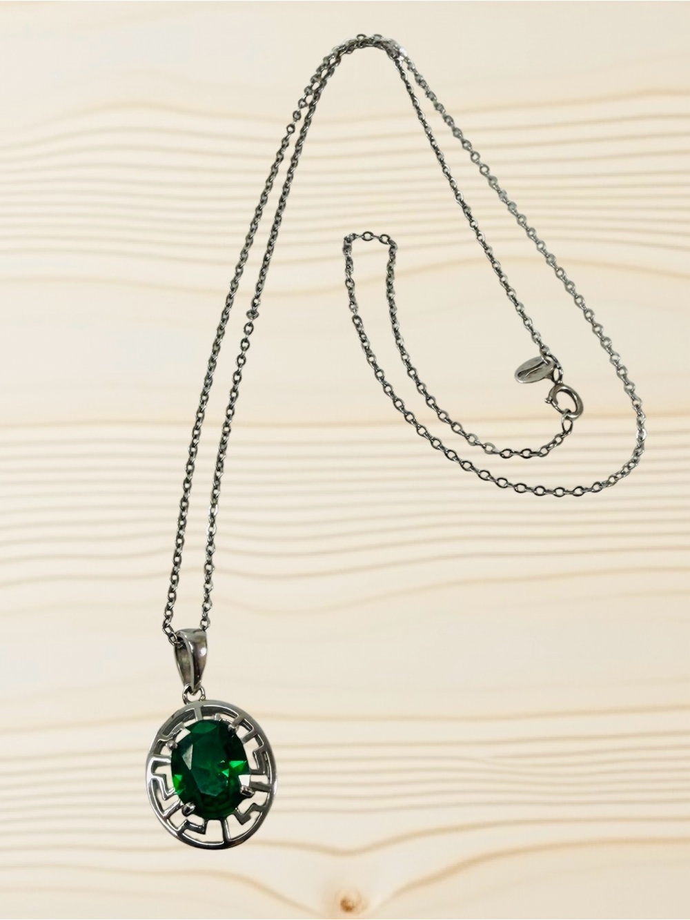 Gem Stone King GSK Sterling Silver 925 Emerald Color Oval Greek Key Necklace 18”